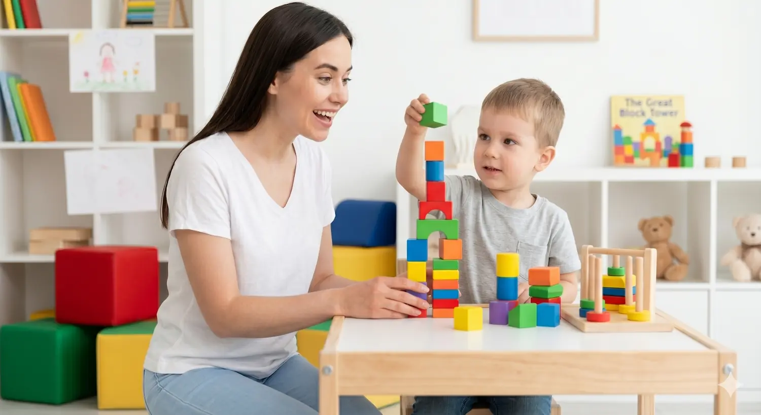 Smiling therapist engaging warmly with a happy young child during a play-based learning session providing services for autism.